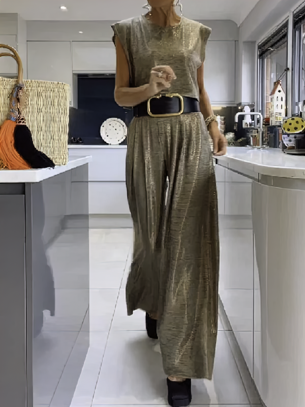 Rebeca® | Casual shiny women's vest and wide trousers in a set